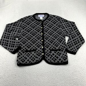 Vintage Tally Ho Cardigan Women's Medium Black Geometric Gold Button Knit Pollak